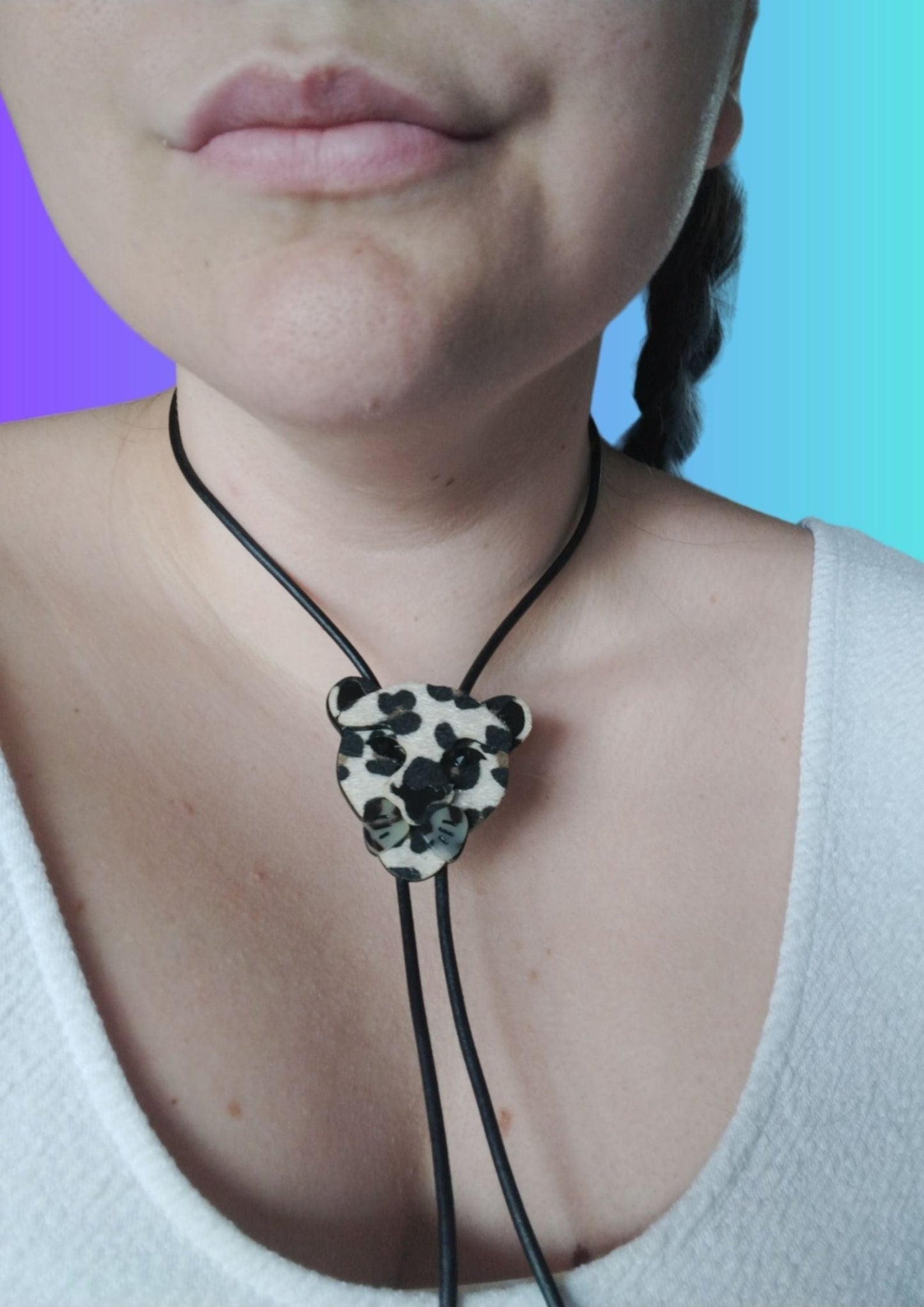 Handcrafted Leopard Bolo Tie made from High-Quality Acrylic by Lindsay O'Donnell - on model