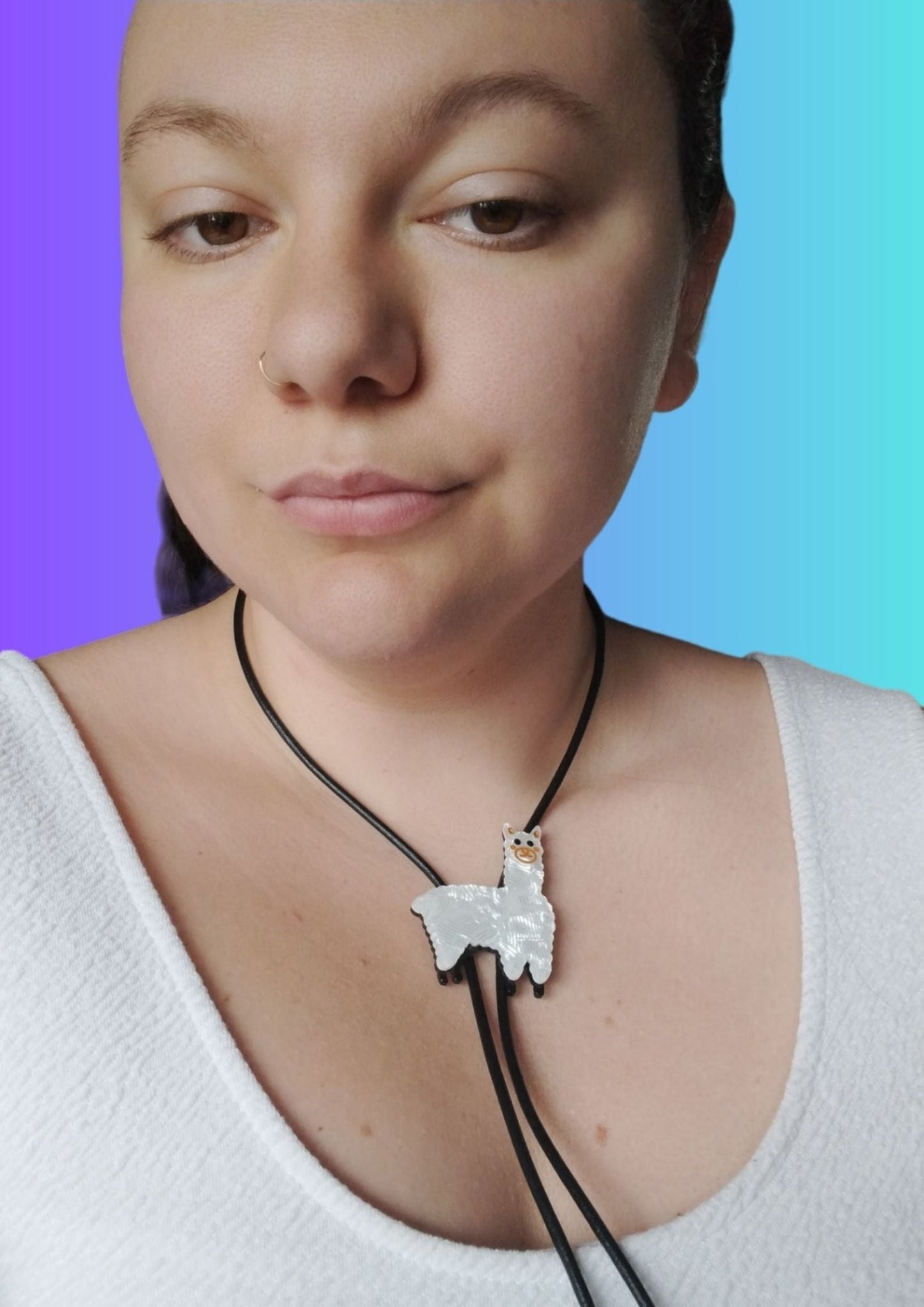 Handcrafted Llama Bolo Tie made from High-Quality Acrylic and Leather by Lindsay O'Donnell - Llama, on model
