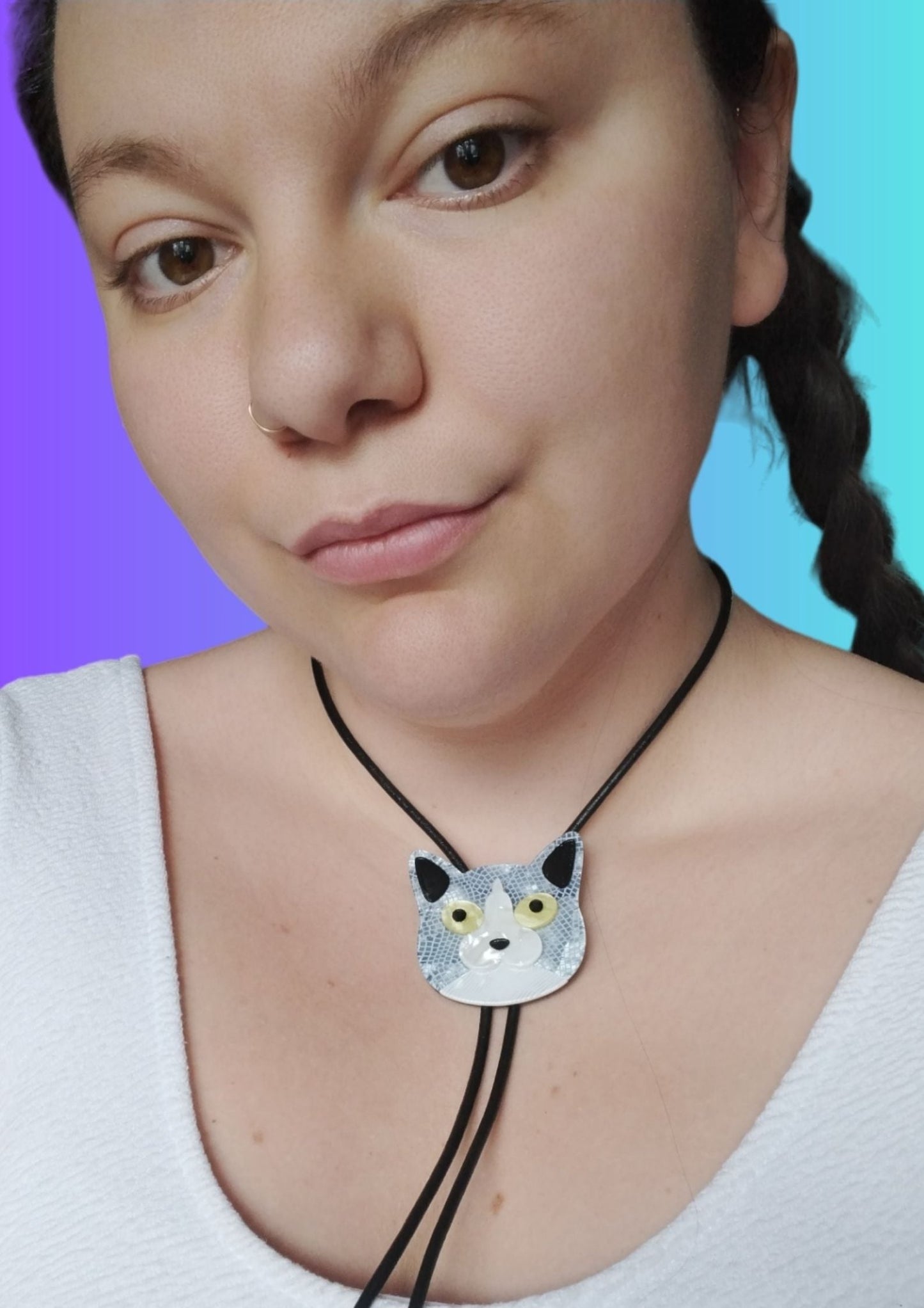 Handcrafted Pussycat Bolo Tie made from High-Quality Acrylic and Leather by Lindsay O'Donnell - on model