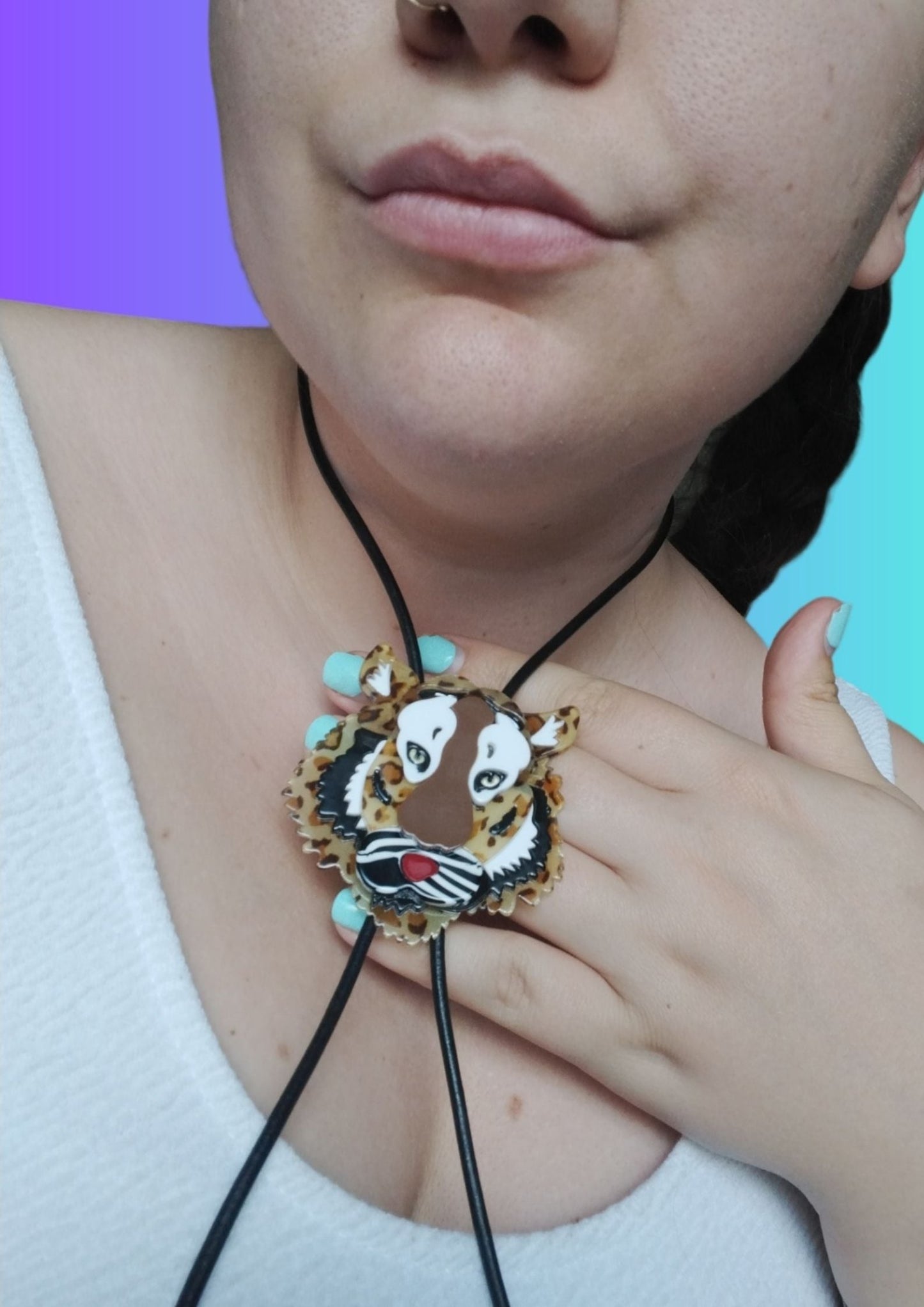 Handcrafted Tiger Bolo Tie by Irish Artist Lindsay O'Donnell - on model