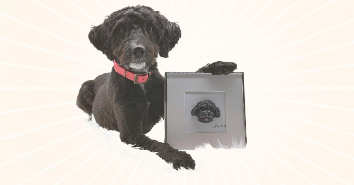 Sally, Cockapoo Dog holding a pet portrait of herself