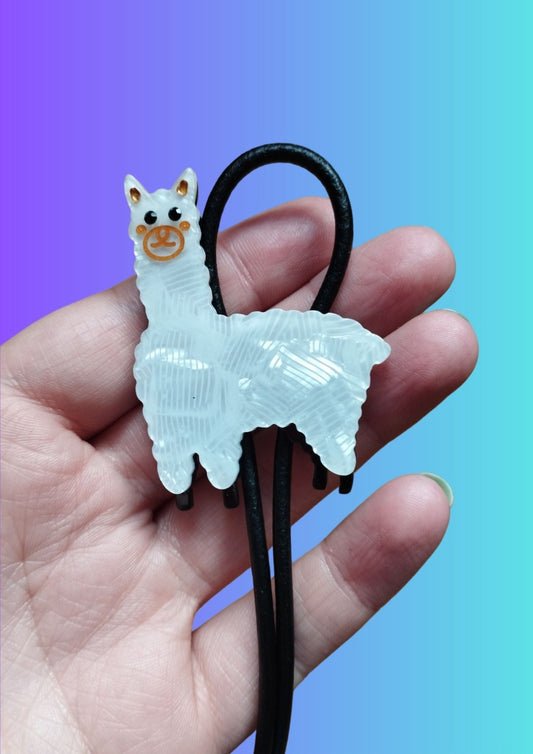Handcrafted Llama Bolo Tie made from High-Quality Acrylic and Leather by Lindsay O'Donnell - Llama, closeup